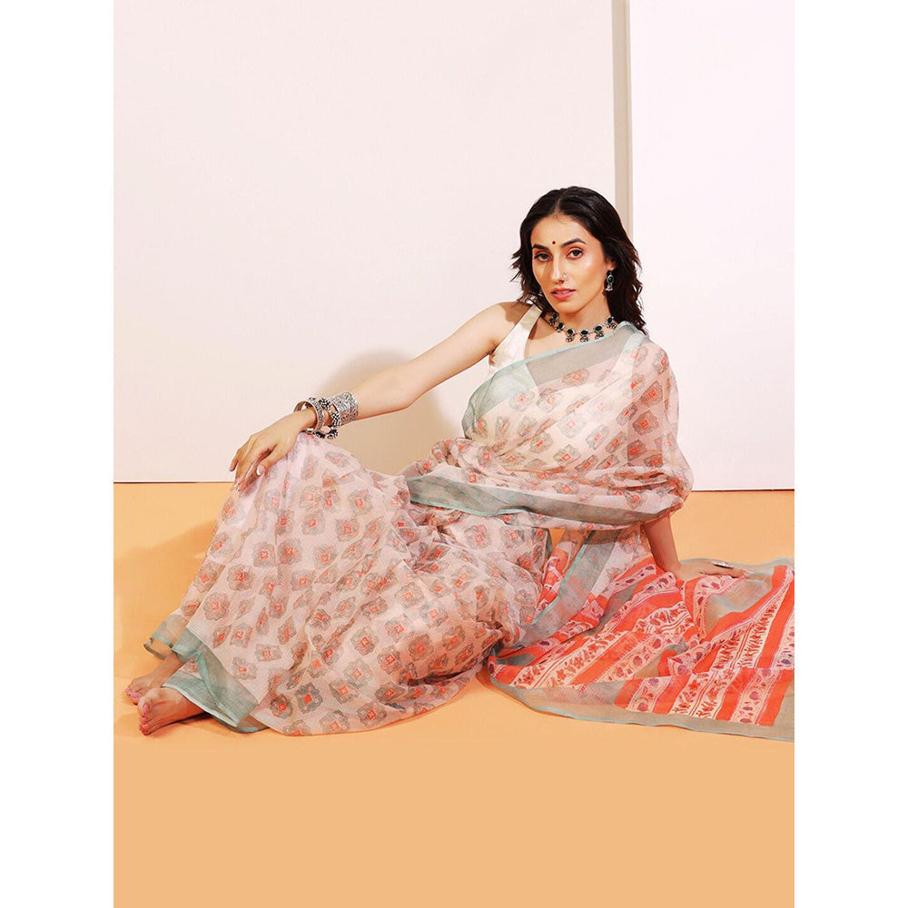 Aditri Handloom Kota Doria Hand Block Print Multi-Color Saree With Blouse Piece