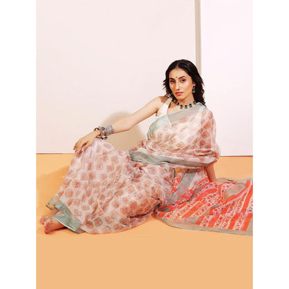 Aditri Handloom Kota Doria Hand Block Print Multi-Color Saree With Blouse Piece