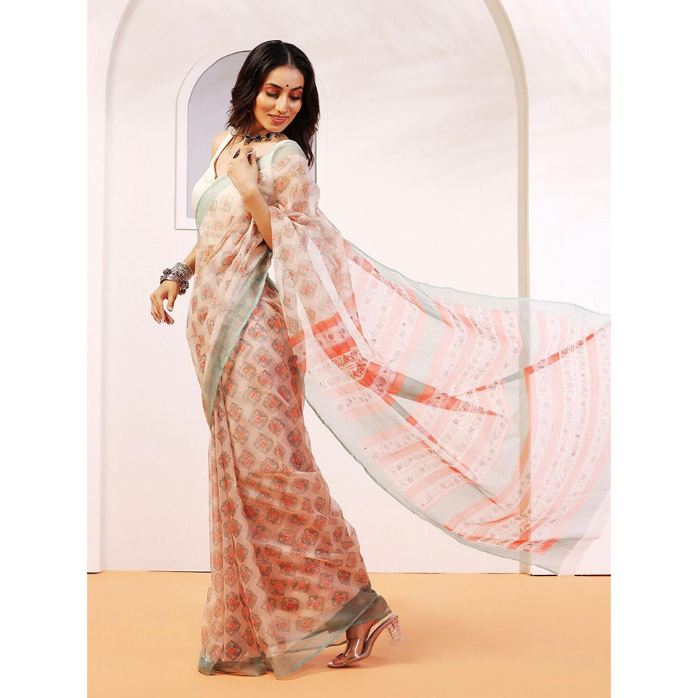 Aditri Handloom Kota Doria Hand Block Print Multi-Color Saree With Blouse Piece