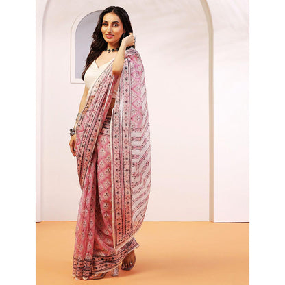 Aditri Handloom Kota Doria Hand Block Print Multi-Color Saree With Blouse Piece