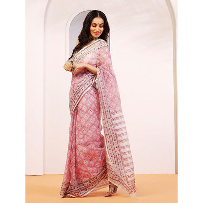 Aditri Handloom Kota Doria Hand Block Print Multi-Color Saree With Blouse Piece