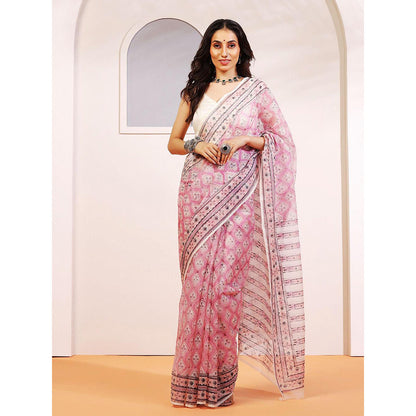Aditri Handloom Kota Doria Hand Block Print Multi-Color Saree With Blouse Piece