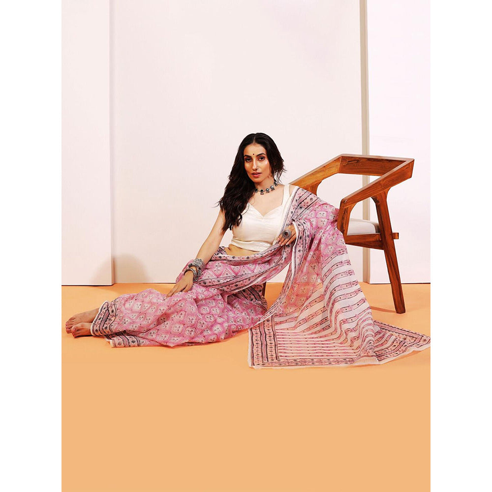 Aditri Handloom Kota Doria Hand Block Print Multi-Color Saree With Blouse Piece