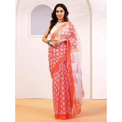 Aditri Handloom Kota Doria Hand Block Print Orange Saree With Blouse Piece