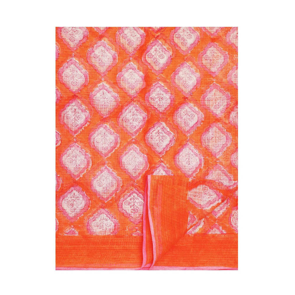 Aditri Handloom Kota Doria Hand Block Print Orange Saree With Blouse Piece