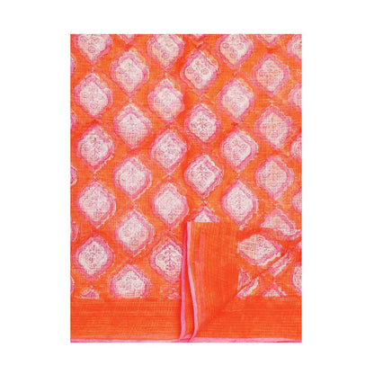 Aditri Handloom Kota Doria Hand Block Print Orange Saree With Blouse Piece