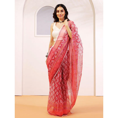 Aditri Handloom Kota Doria Hand Block Print Red Saree With Blouse Piece