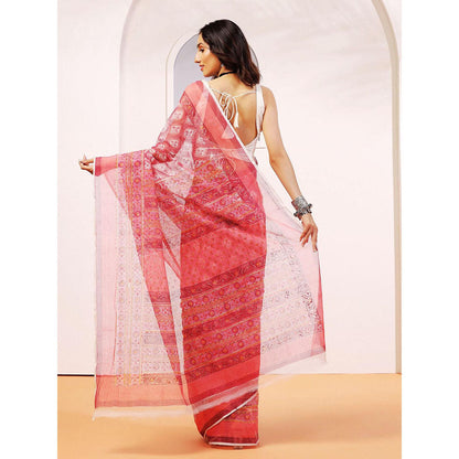 Aditri Handloom Kota Doria Hand Block Print Red Saree With Blouse Piece