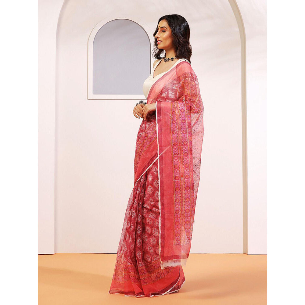 Aditri Handloom Kota Doria Hand Block Print Red Saree With Blouse Piece