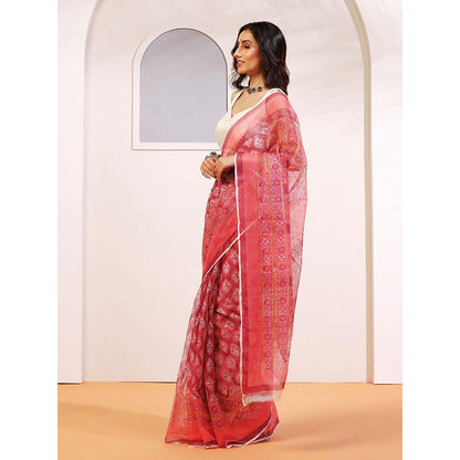 Aditri Handloom Kota Doria Hand Block Print Red Saree With Blouse Piece