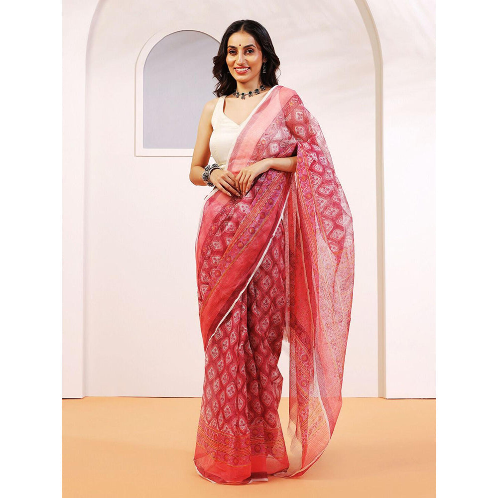 Aditri Handloom Kota Doria Hand Block Print Red Saree With Blouse Piece