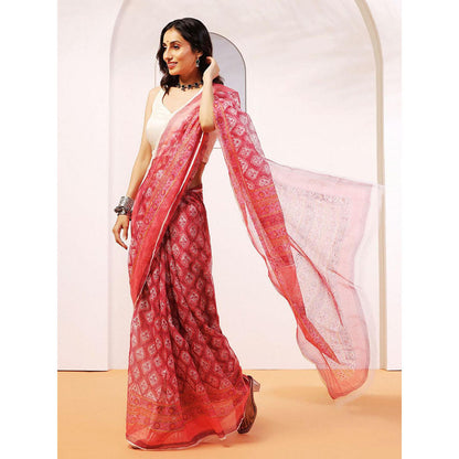 Aditri Handloom Kota Doria Hand Block Print Red Saree With Blouse Piece