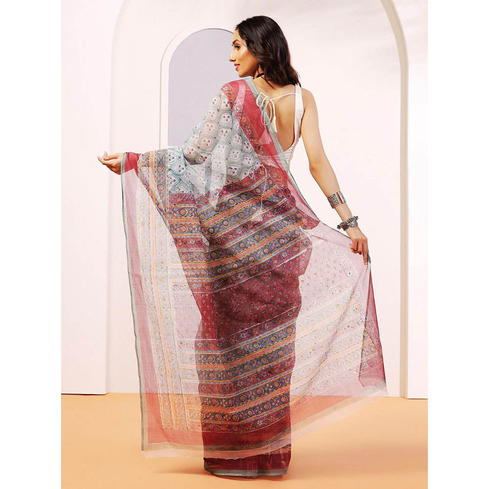 Aditri Handloom Kota Doria Hand Block Print Multi-Color Saree With Blouse Piece