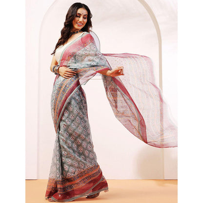 Aditri Handloom Kota Doria Hand Block Print Multi-Color Saree With Blouse Piece