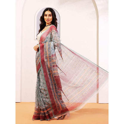 Aditri Handloom Kota Doria Hand Block Print Multi-Color Saree With Blouse Piece