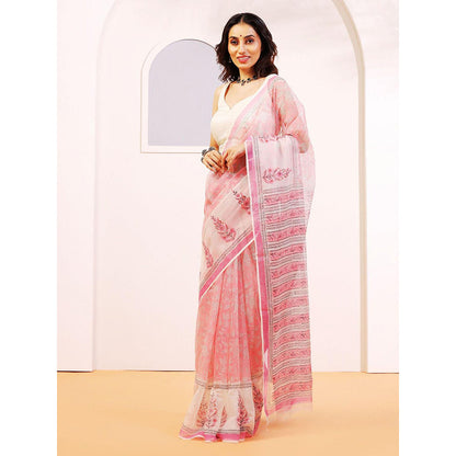 Aditri Handloom Kota Doria Hand Block Print Peach Saree With Blouse Piece