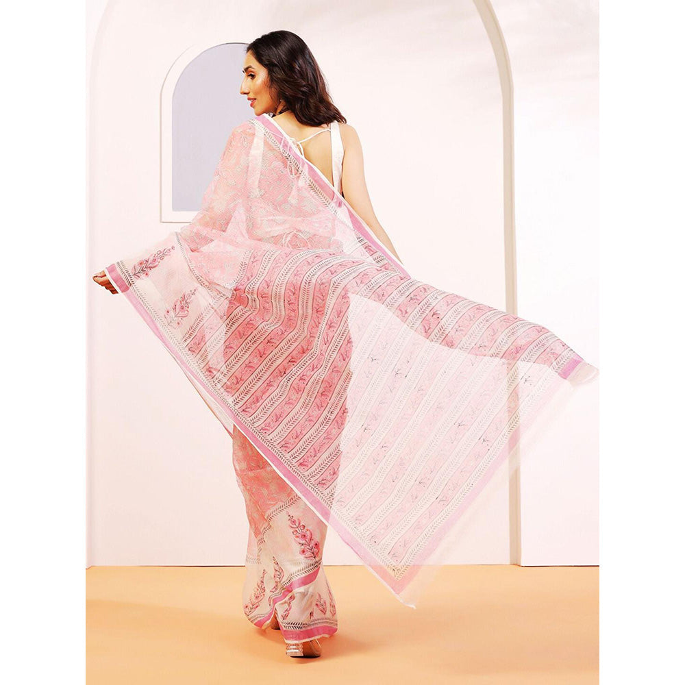 Aditri Handloom Kota Doria Hand Block Print Peach Saree With Blouse Piece