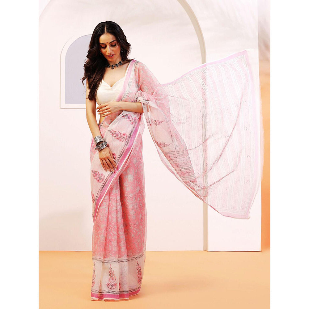 Aditri Handloom Kota Doria Hand Block Print Peach Saree With Blouse Piece