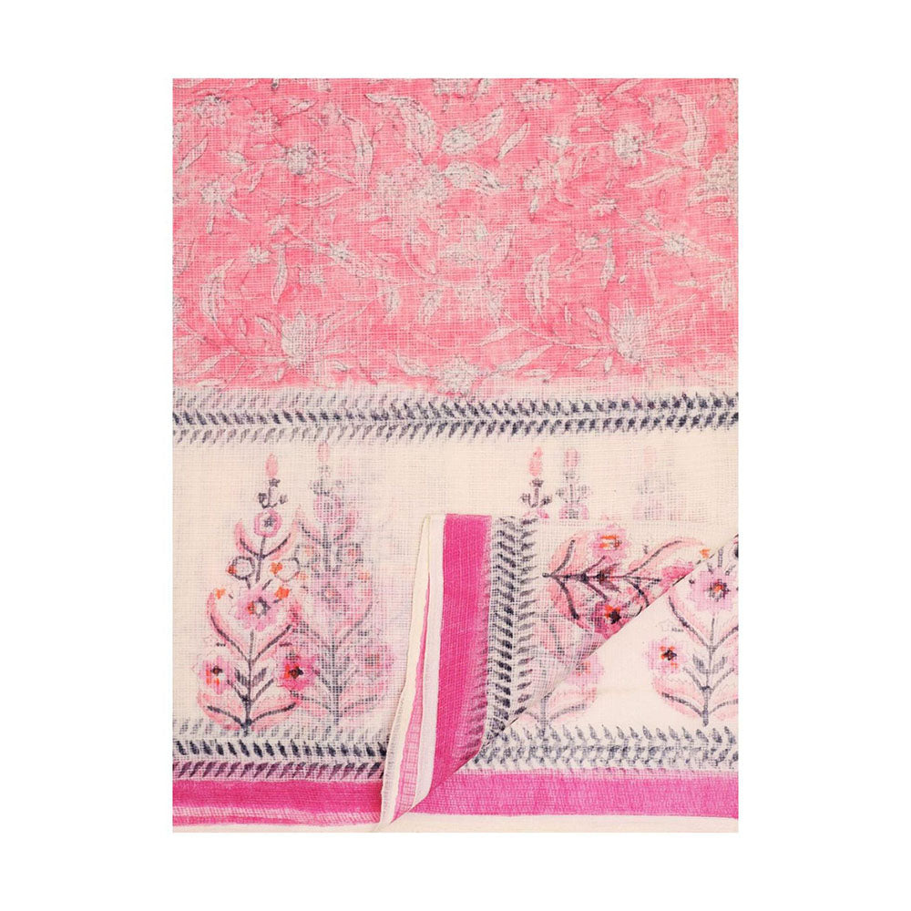 Aditri Handloom Kota Doria Hand Block Print Peach Saree With Blouse Piece