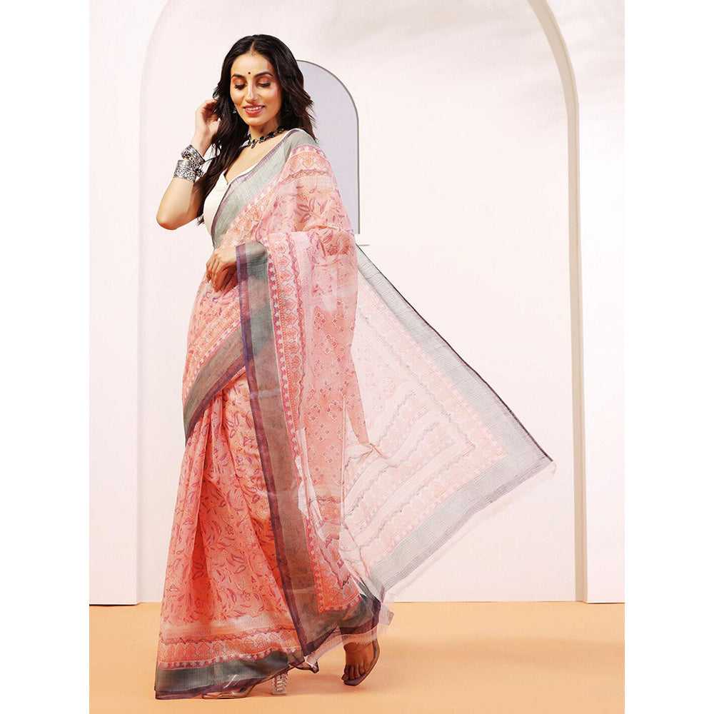 Aditri Handloom Kota Doria Hand Block Print Multi-Color Saree With Blouse Piece