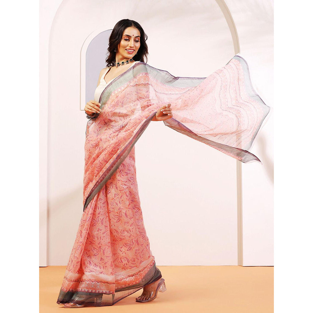 Aditri Handloom Kota Doria Hand Block Print Multi-Color Saree With Blouse Piece