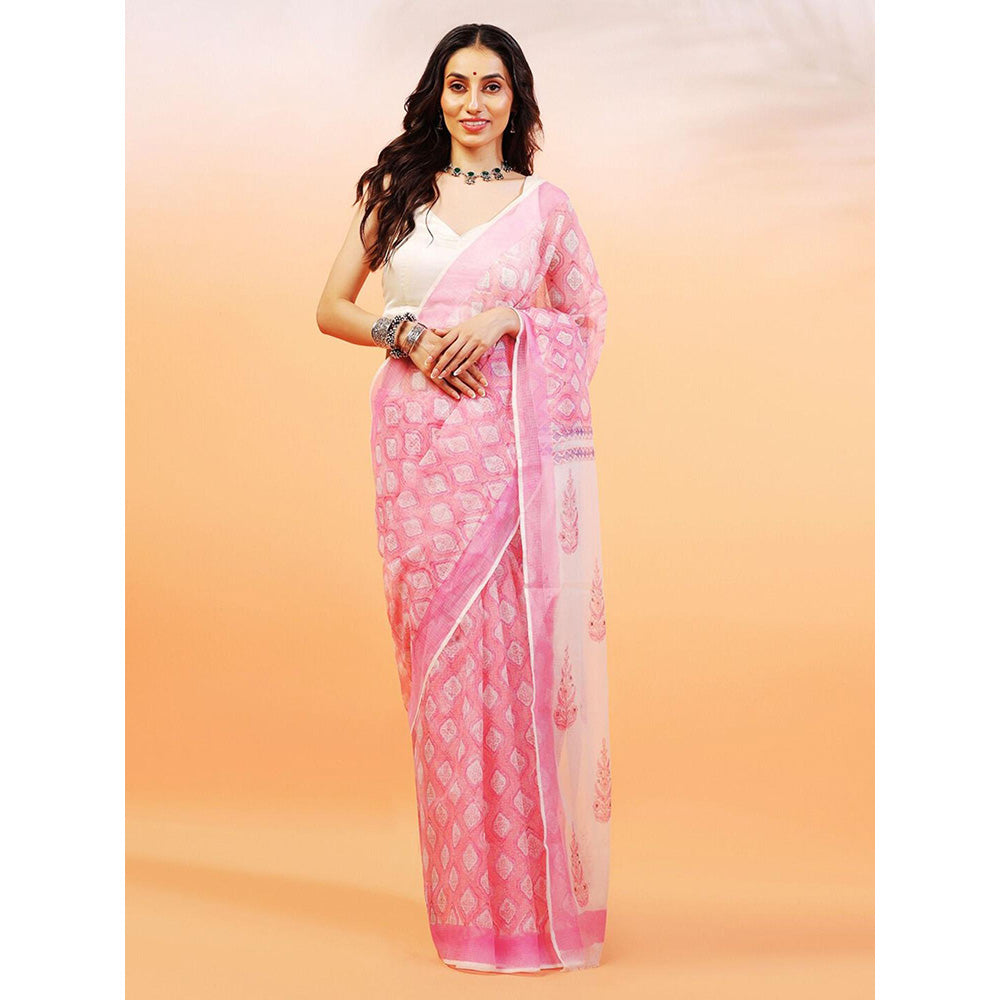 Aditri Handloom Kota Doria Hand Block Print Pink Saree With Blouse Piece
