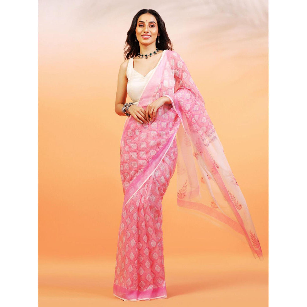 Aditri Handloom Kota Doria Hand Block Print Pink Saree With Blouse Piece