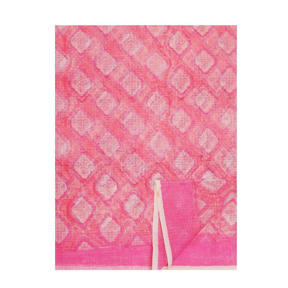 Aditri Handloom Kota Doria Hand Block Print Pink Saree With Blouse Piece
