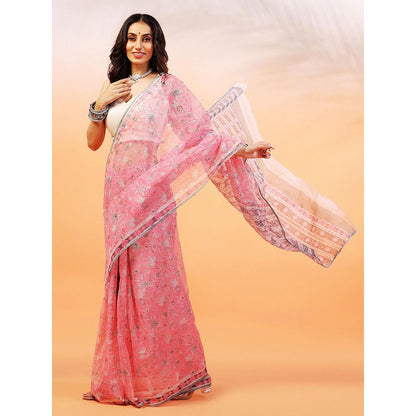 Aditri Handloom Kota Doria Hand Block Print Pink Saree With Blouse Piece