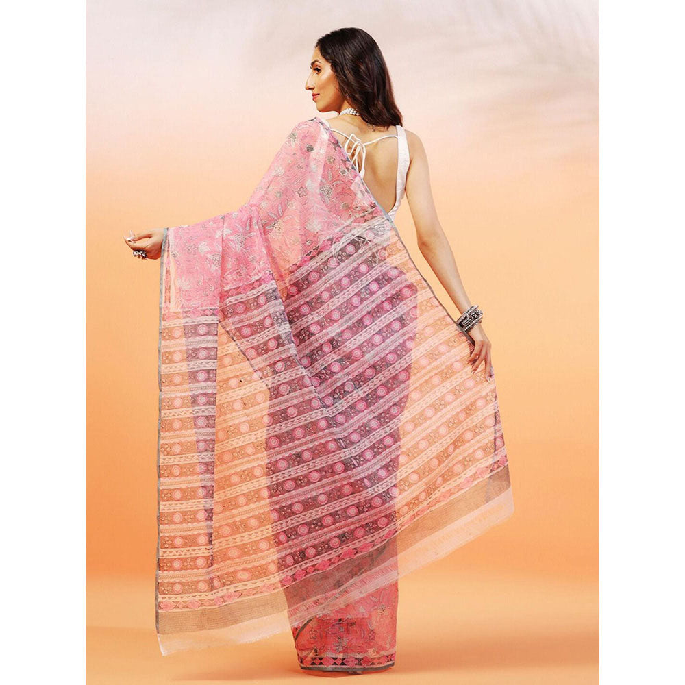 Aditri Handloom Kota Doria Hand Block Print Pink Saree With Blouse Piece