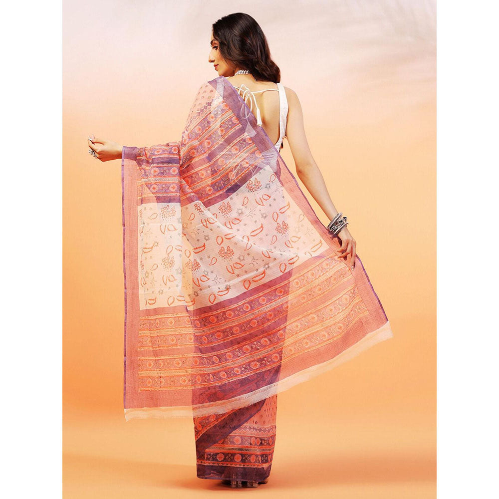 Aditri Handloom Kota Doria Hand Block Print Orange Saree With Blouse Piece