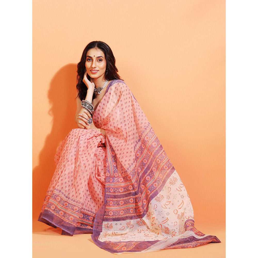 Aditri Handloom Kota Doria Hand Block Print Orange Saree With Blouse Piece