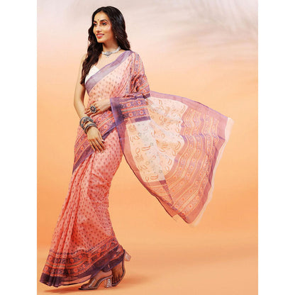 Aditri Handloom Kota Doria Hand Block Print Orange Saree With Blouse Piece