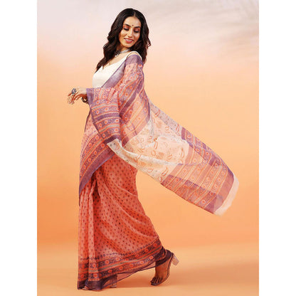 Aditri Handloom Kota Doria Hand Block Print Orange Saree With Blouse Piece