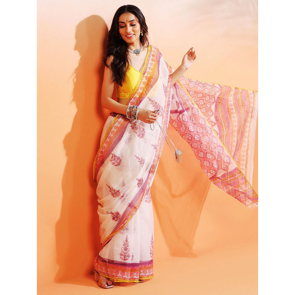 Aditri Handloom Kota Doria Hand Block Print Multi-Color Saree With Blouse Piece