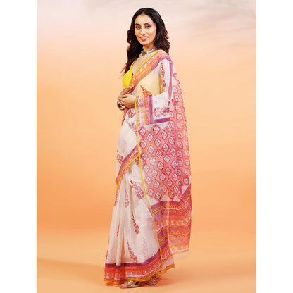 Aditri Handloom Kota Doria Hand Block Print Multi-Color Saree With Blouse Piece