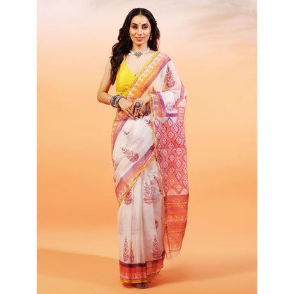 Aditri Handloom Kota Doria Hand Block Print Multi-Color Saree With Blouse Piece