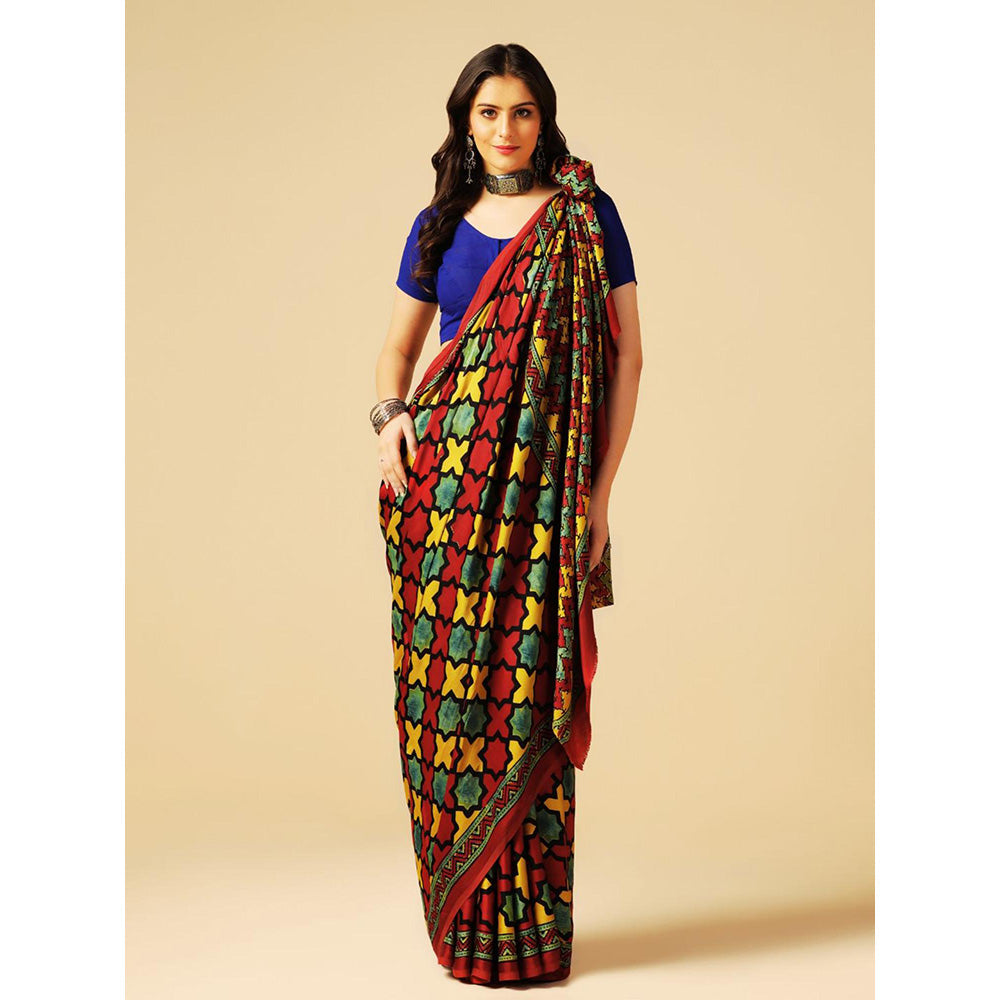 Aditri Red Handprinted Ajrakh On Modal Silk Saree with Running Blouse
