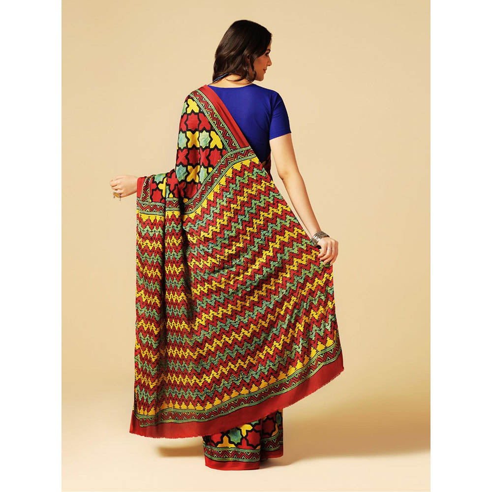 Aditri Red Handprinted Ajrakh On Modal Silk Saree with Running Blouse