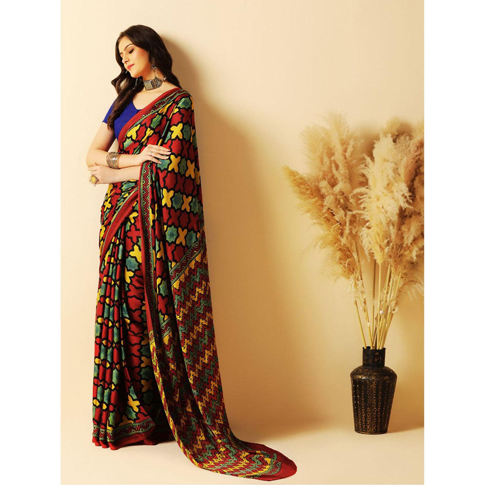 Aditri Red Handprinted Ajrakh On Modal Silk Saree with Running Blouse