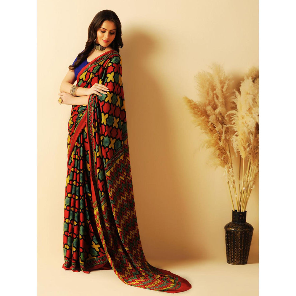Aditri Red Handprinted Ajrakh On Modal Silk Saree with Running Blouse