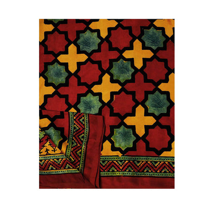 Aditri Red Handprinted Ajrakh On Modal Silk Saree with Running Blouse