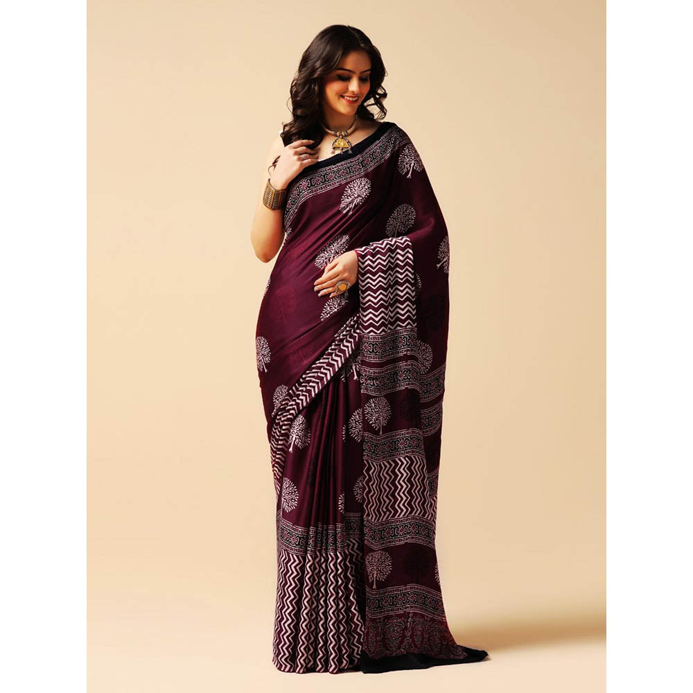 Aditri Burgundy Handprinted Ajrakh On Modal Silk Saree with Running Blouse