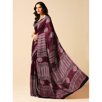 Aditri Burgundy Handprinted Ajrakh On Modal Silk Saree with Running Blouse