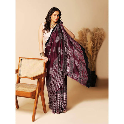 Aditri Burgundy Handprinted Ajrakh On Modal Silk Saree with Running Blouse