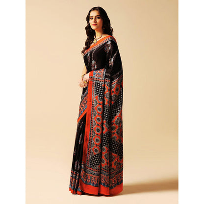 Aditri Black Handprinted Ajrakh On Modal Silk Saree with Running Blouse