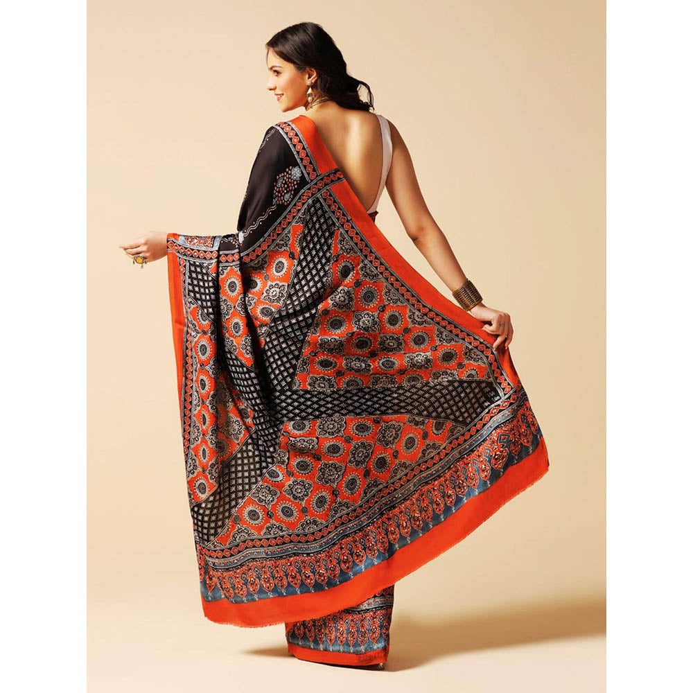 Aditri Black Handprinted Ajrakh On Modal Silk Saree with Running Blouse