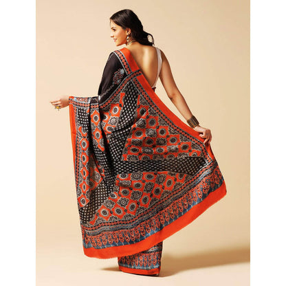 Aditri Black Handprinted Ajrakh On Modal Silk Saree with Running Blouse
