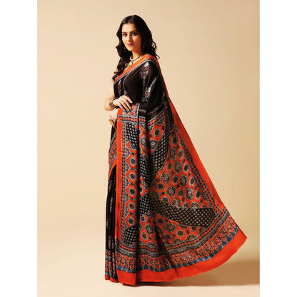 Aditri Black Handprinted Ajrakh On Modal Silk Saree with Running Blouse
