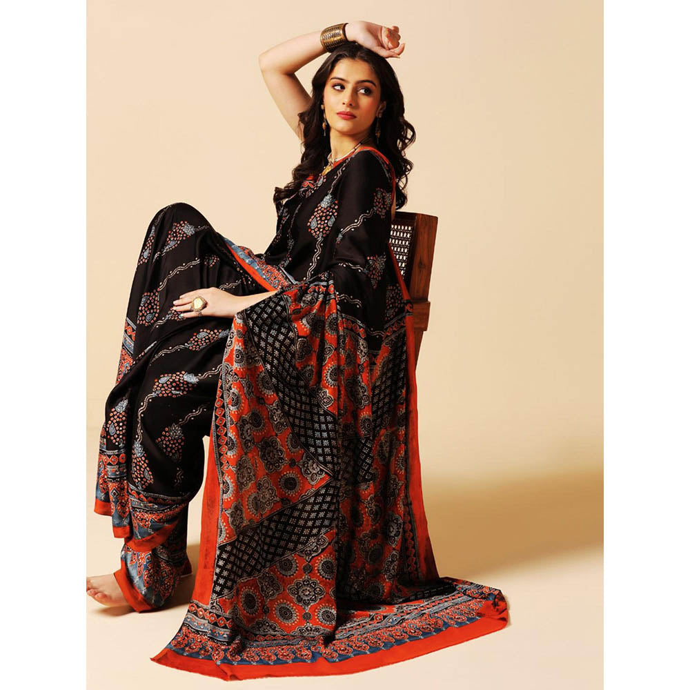 Aditri Black Handprinted Ajrakh On Modal Silk Saree with Running Blouse